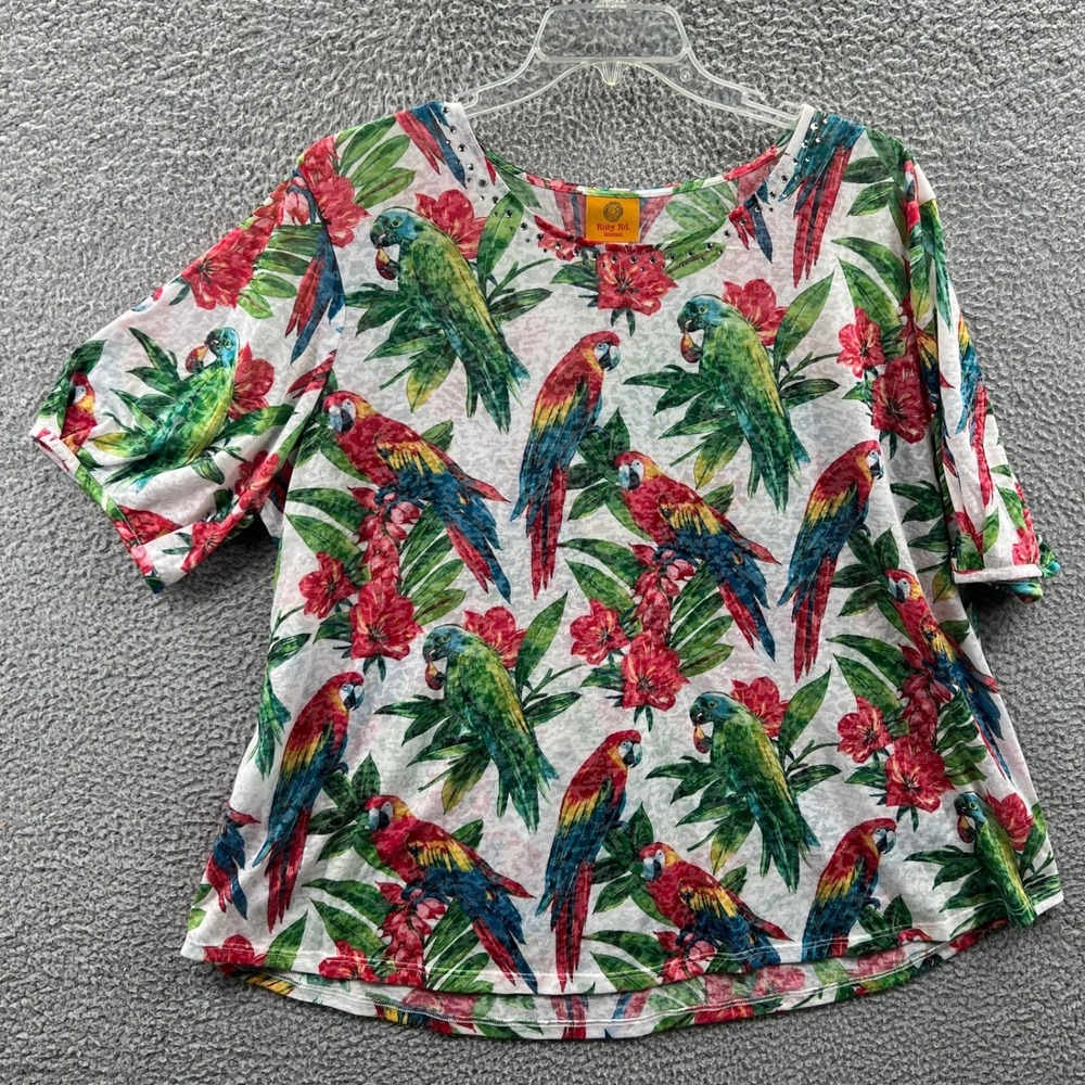 Women Tropical Knit Top 3X Colorful Floral Parrot Coastal Resort Vacation Cruise